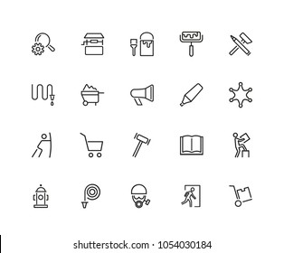Work icons. Set of twenty line icons. Painter, hose, megaphone. Occupation concept. Vector illustration can be used for topics like service, business