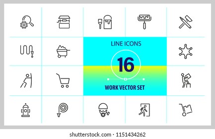 Work icons. Set of twenty line icons. Painter, hose, megaphone. Occupation concept. Vector illustration can be used for topics like service, business