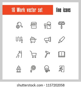 Work icons. Set of twenty line icons. Painter, hose, megaphone. Occupation concept. Vector illustration can be used for topics like service, business