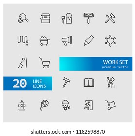 Work icons. Set of twenty line icons. Painter, hose, megaphone. Occupation concept. Vector illustration can be used for topics like service, business