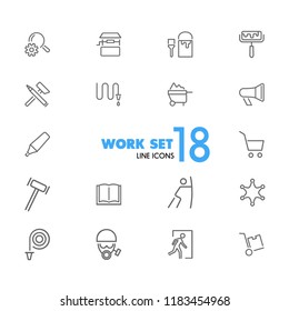 Work icons. Set of twenty line icons. Painter, hose, megaphone. Occupation concept. Vector illustration can be used for topics like service, business
