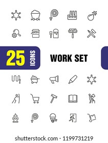 Work icons. Set of twenty line icons. Painter, hose, megaphone. Occupation concept. Vector illustration can be used for topics like service, business