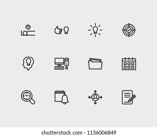 Work icons set. Wake up earlier and work icons with organize workplace, fresh mind and group tasks. Set of reminders for web app logo UI design.