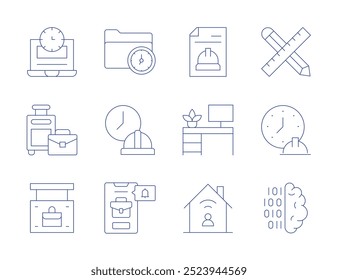 Work icons. Thin Line style, editable stroke. space, suitcase, from home, working time, work in progress, working hours, phone, brain, work.