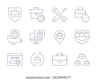 Arbeitssymbole. Stil der dünnen Linie, bearbeitbarer Strich. Schild, Werkzeug, Reise, Standort, Browser, Aktentasche, Job, Arbeit.