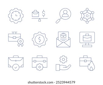 Ícones de trabalho. Estilo Thin Line, curso editável. gerenciamento de tempo, recrutamento, pasta, correio, portfólio, engrenagem, equilíbrio, terceirização, telecomutação, trabalho.