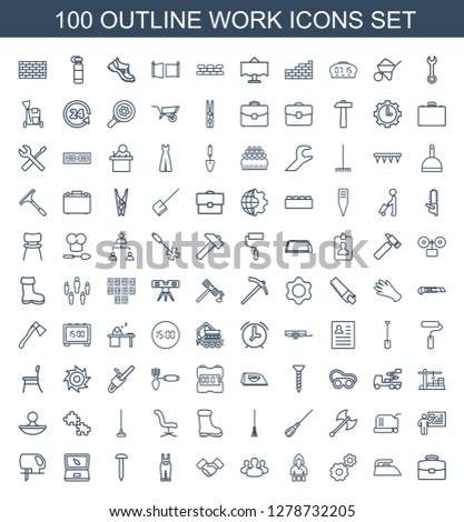 work icons. Trendy 100 work icons. Contain icons such as case, iron, gear, Casino girl, user group, handshake, gardener jumpsuit, nail, laptop, electric saw. work icon for web and mobile.