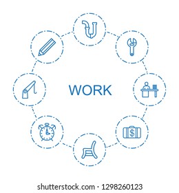 work icons. Trendy 8 work icons. Contain icons such as pipe, outdoor chair, wrench, pencil, Money case, alarm, cargo crane, man working at the table. work icon for web and mobile.