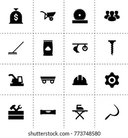 Work icons. vector collection filled work icons. includes symbols such as rake, sickle, plow, trailer, harvester, gear, work tool, ironing. use for web, mobile and ui design.