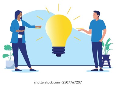 Work idea - Two people at work coming up with big great idea looking at light bulb smiling together. Creativity and innovation in business concept in flat design vector illustration