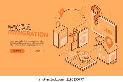 Work immigration - line design style isometric web banner on orange background with copy space for text. Header with passport and transport tickets, luggage, route, new home, monitor and job search