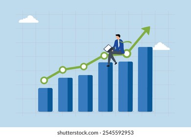 Melhoria no trabalho, empresário usando laptop para aprimorar gráficos e gráficos de dados. 