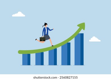 Work improvement, businesswoman ascending an upward arrow on a performance enhancement bar chart. 