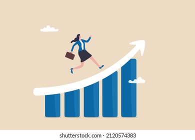 Work improvement, career growth or performance to achieve success, progress or challenge concept, businesswoman running up rising arrow on performance improvement bar graph.