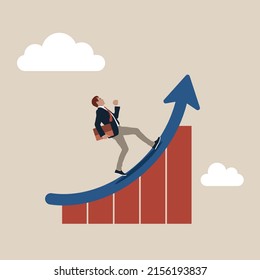 Work improvement, career growth or performance to achieve success, progress or challenge concept, businessman running up rising arrow on performance improvement bar graph.