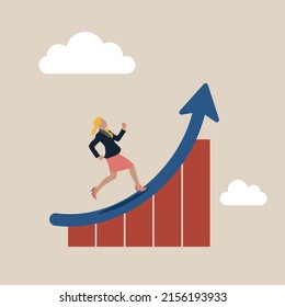 Work improvement, career growth or performance to achieve success, progress or challenge concept, businesswoman running up rising arrow on performance improvement bar graph.