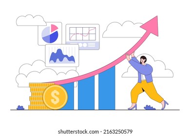 Work improvement, career growth, or performance in order to gain success, progress, or challenge concepts. Businesswoman changes direction of the arrow on performance improvement bar graph.