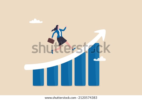 Work\
improvement, career growth or performance to achieve success,\
progress or challenge concept, businesswoman running up rising\
arrow on performance improvement bar\
graph.