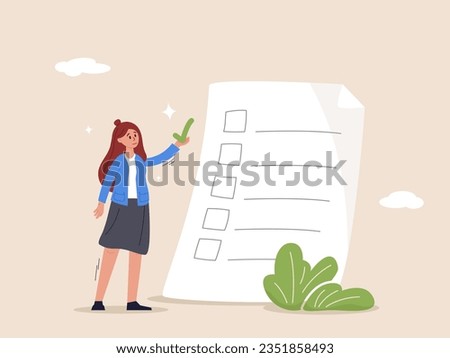 Work improvement concept. Self assessment, evaluate yourself for personal development, woman giving check on checkbox in achievement list notepad paper.