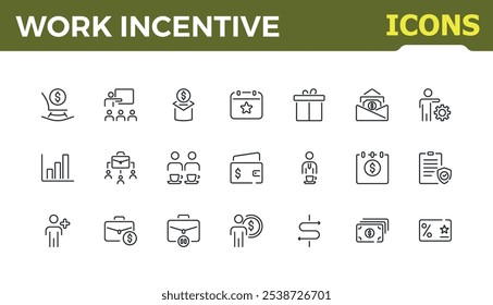 Conjunto de ícones de linha fina de Incentivo ao Trabalho. Contém informações relacionadas a benefícios do funcionário, incentivo, bônus, seguro, segurança, cargo, salário e muito mais. Contornar ícones de pacote. Traçado editável de ícones de vetor minimalista.