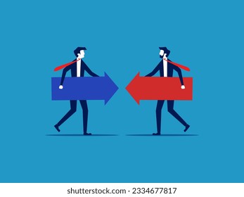Trabajo inconsistente. Empresario sosteniendo una flecha apuntando en diferentes direcciones