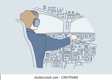 Work, industry, transportation, flight concept. Young man or guy pilot cartoon character in uniform pushing buttion in cabing ready for flying. Airways service and professional occupation illustration