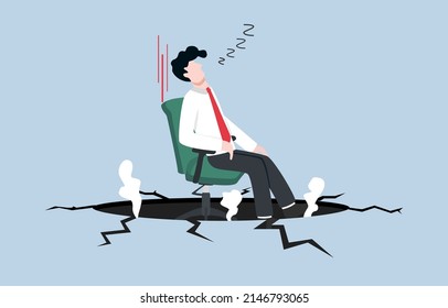 Work inefficiency, laziness employee in organization, procrastination, postpone tasks to do later, taking a nap during working hours concept, Businessman sleeping on office chair falling into hole. 