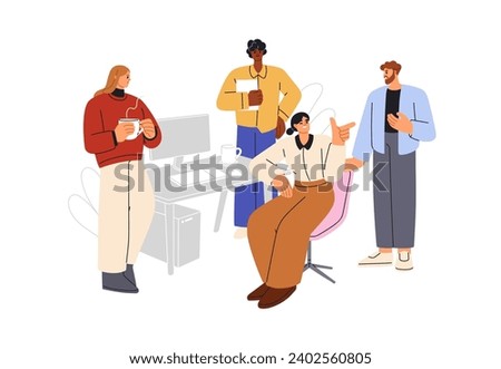 Work and informal communication at workplace. Colleagues team conversation, discussion. Office workers talking, discussing, speaking. Flat graphic vector illustration isolated on white background