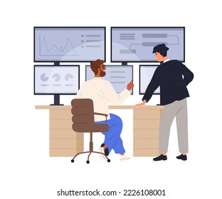 Trabajar con información, ciberseguridad y comunicación en grandes centros de datos. Personas, análisis de mercados en línea en computadoras de pantalla múltiple. Ilustración vectorial gráfica plana aislada en fondo blanco