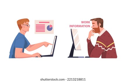 Work information. Young people working with laptop computers set. Online communication, distant work concept cartoon vector illustration