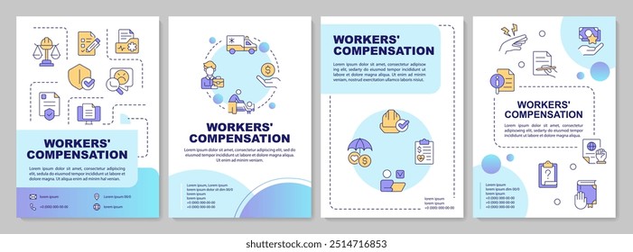 Plantilla de folleto de compensación por lesiones laborales. Empleado del seguro. Diseño de folleto con iconos lineales. 4 diseños de Vector editables para presentación, informes anuales