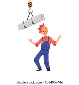 Work injury to head of man builder and worker in helmet, accident in construction. Man hit his head in helmet on metal beam of crane, concept of work injury. Isolated flat cartoon vector illustration