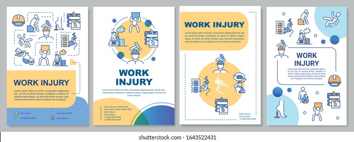 Work injury, industrial traumatism brochure template. Flyer, booklet, leaflet print, cover design with linear icons. Vector layouts for magazines, annual reports, advertising posters