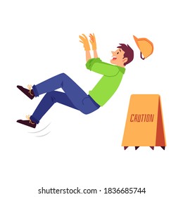 Work injury of a man builder, a worker in a helmet slips and falls on a slippery floor. Isolated flat cartoon vector illustration of a work injury male worker.