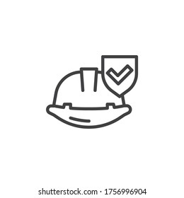 Work insurance line icon. linear style sign for mobile concept and web design. Hard hat with protection shield outline vector icon. Safety symbol, logo illustration. Vector graphics