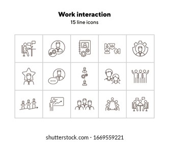 Work interaction icons. Puzzle of workers, diagram, men speaking. Job concept. Vector illustration can be used for topics like work, business, job