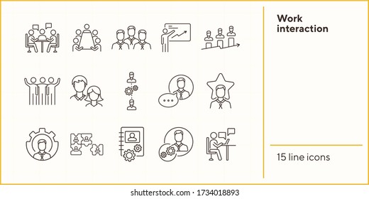 Work interaction icons. Puzzle of workers, diagram, men speaking. Job concept. Vector illustration can be used for topics like work, business, job