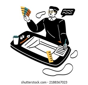 Work of interior designer concept. Creative man works on apartment design project, draws layout of rooms and selects samples for furniture and colors. Cartoon flat vector illustration in doodle style