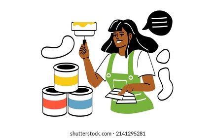 Work of interior designer. Girl with roller and bucket of paint, character chooses color for walls, testing and evaluation. Painter at work, construction equipment. Cartoon flat vector illustration