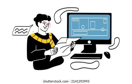 Work Of Interior Designer. Man Made Plan On Computer And Printed It Out, Character With Document Or Paper. Young Guy With Drawing In His Hands, Modern Technologies. Cartoon Flat Vector Illustration