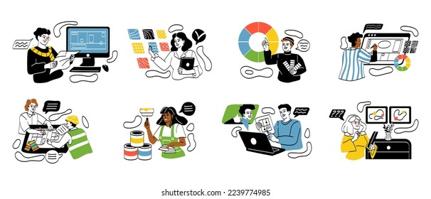 Work of interior designer set. Creative characters develop design project for house using software. Professionals communicate with clients. Cartoon flat vector collection isolated on white background