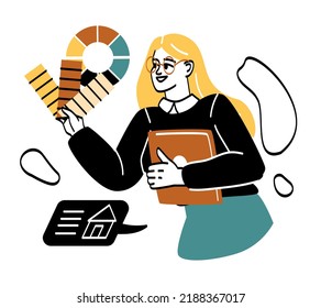 Work of interior designer. Young creative woman holding book and selecting color schemes and fabric samples for house or apartment design project. Cartoon flat vector illustration in doodle style