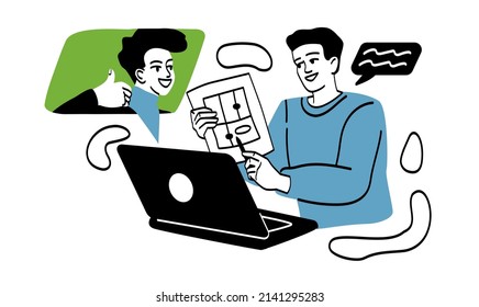 Work of interior designer. Young guy shows plan of building or apartment to employee. Remote discussion, colleagues and brainstorming. Subordinate reports to superior. Cartoon flat vector illustration