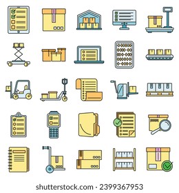 Conjunto de iconos de inventario de trabajo. Conjunto de esquemas de trabajo iconos vectoriales color de línea delgada plano sobre blanco
