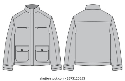 Chaqueta de trabajo, chaqueta para hombre, chaqueta de Vector de diseño plano y dibujo técnico