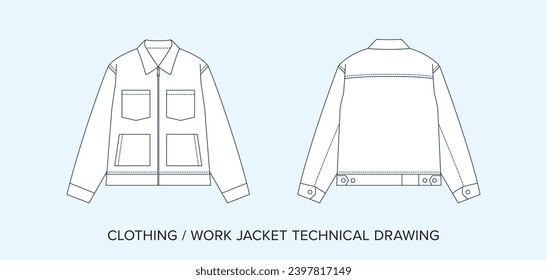 Dibujo técnico de la Chaqueta de trabajo, Diseño de ropa para diseñadores de moda. Ilustración de vectores editable detallada, esquemas de ropa de ropa de ropa de ropa de calle en blanco y negro, fondo aislado