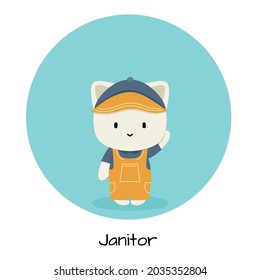 Work as janitor. Simple cute cat character profession as janitor. Introduction profession in the world easy to understand Flat vector illustration. 
