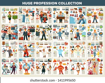 Work and job profession collection career vector teacher and designer stylist and writer desinsector and engineer seller and airplane board crew police officer and programmer electrician and spaceman