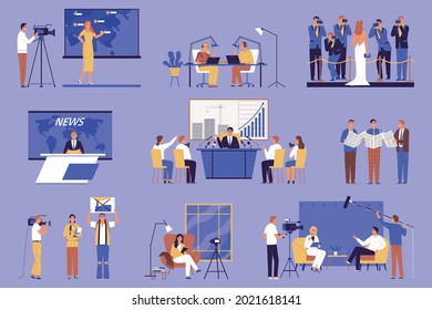 The work of journalists and media representatives set isolated vector illustration