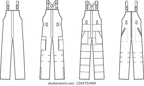 Work jumpsuit flat sketch. Working overall apparel design. Front view. Men CAD mockup. Fashion technical drawing template. Vector illustration.